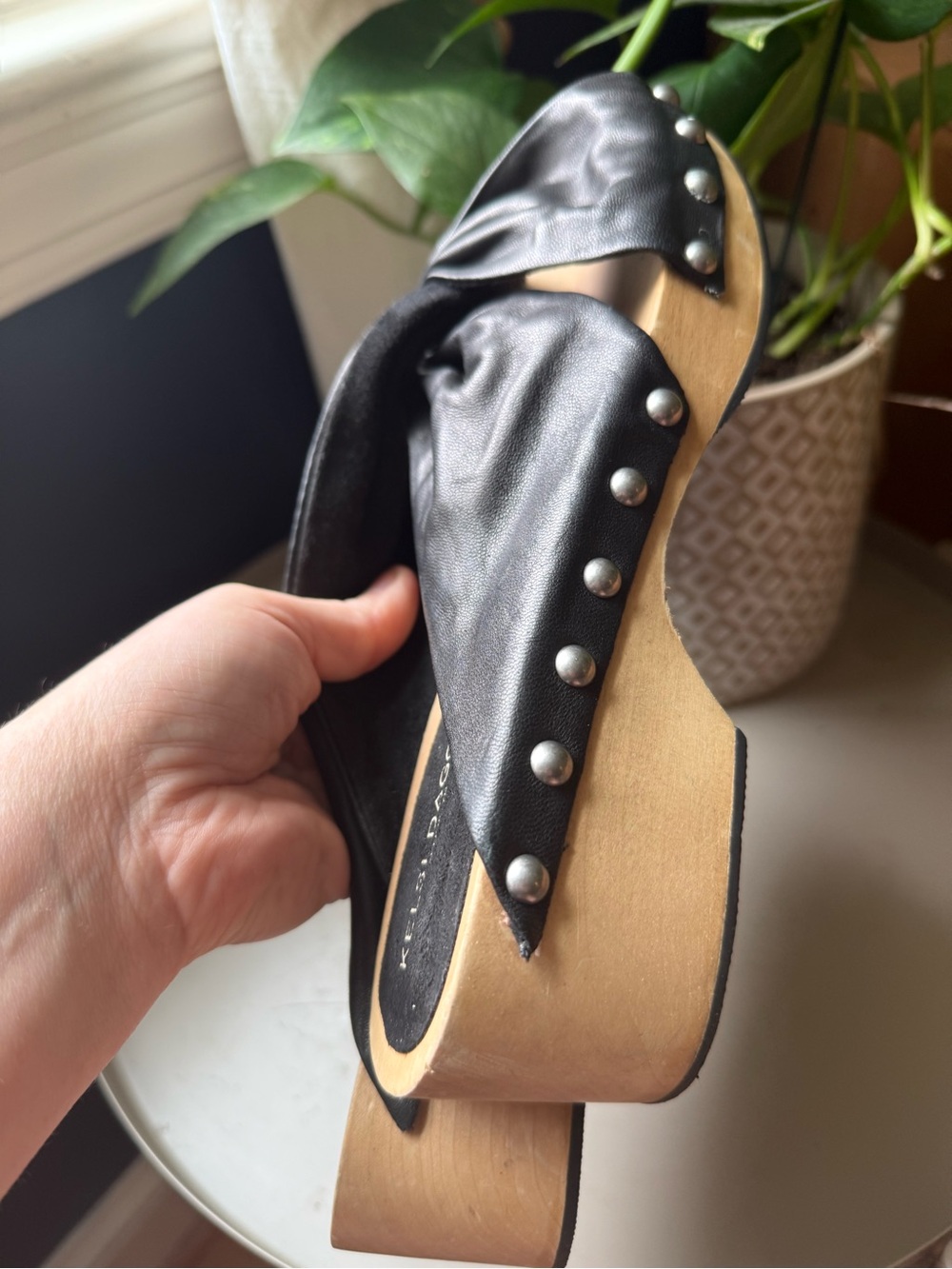 Kelsi Dagger Brooklyn 9 Black Studded Leather Slide Sandal Clogs Boho Chunky - Picture 8 of 8